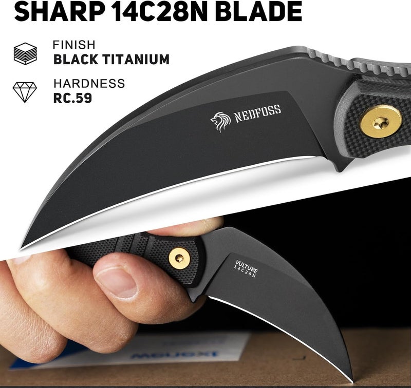NedFoss VULTURE EDC Fixed Blade Knife with Kydex Sheath, 2.87" 14C28N Steel Tactical EDC Knife with G10 Handle and Adjustable Belt Clip, Horizontal Carry Belt Knives for Men Women - Image 2